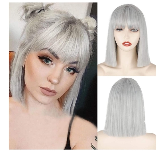 NEW Bob Short Silver Gray W/ Bangs Wig main image 7